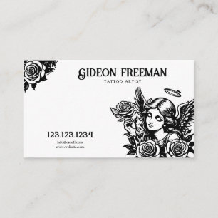 Unique Black & White Angel and Roses Tattoo Artist Business Card