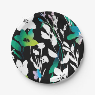 Unique Black & White Floral & Bright Colour Accent Paper Plate