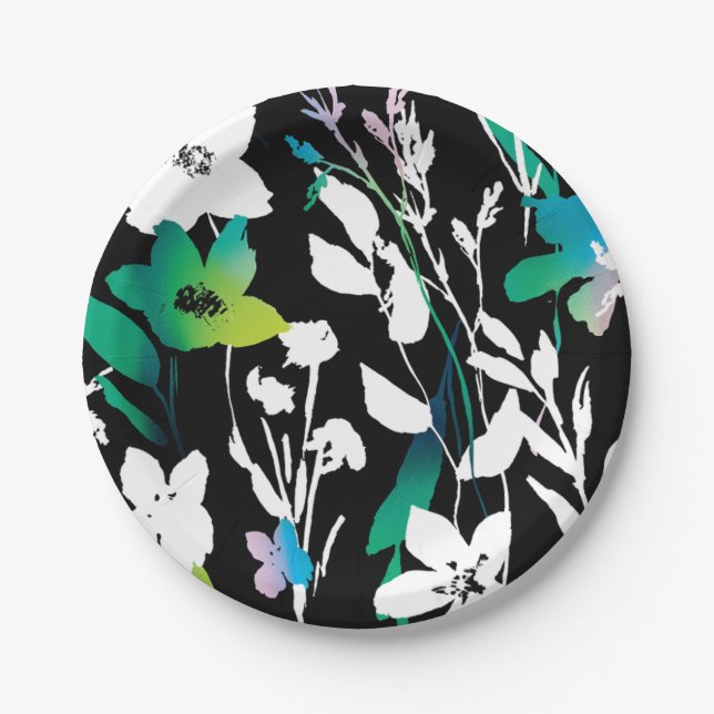 Unique Black & White Floral & Bright Colour Accent Paper Plate (Front)