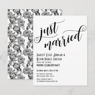 Unique Black White Just Married Typography Peonies Invitation