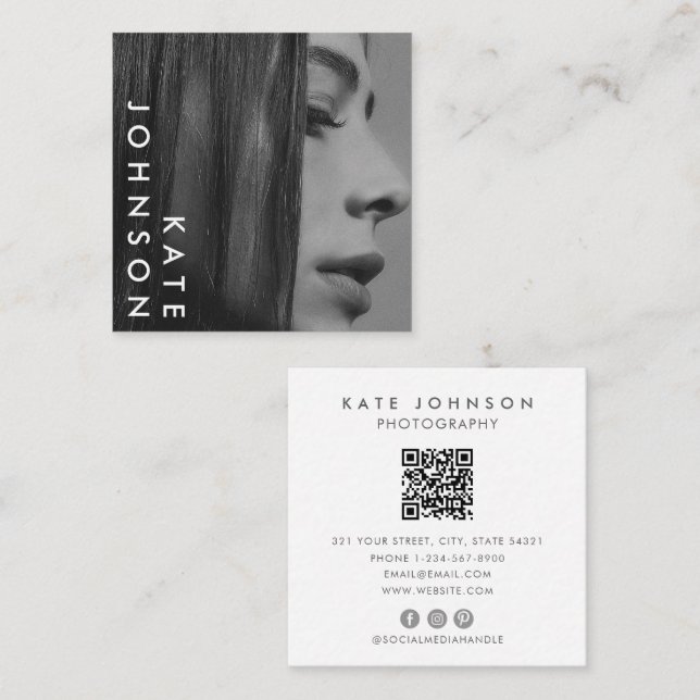 Unique Black White Professional Photo QR Code Square Business Card (Front/Back)