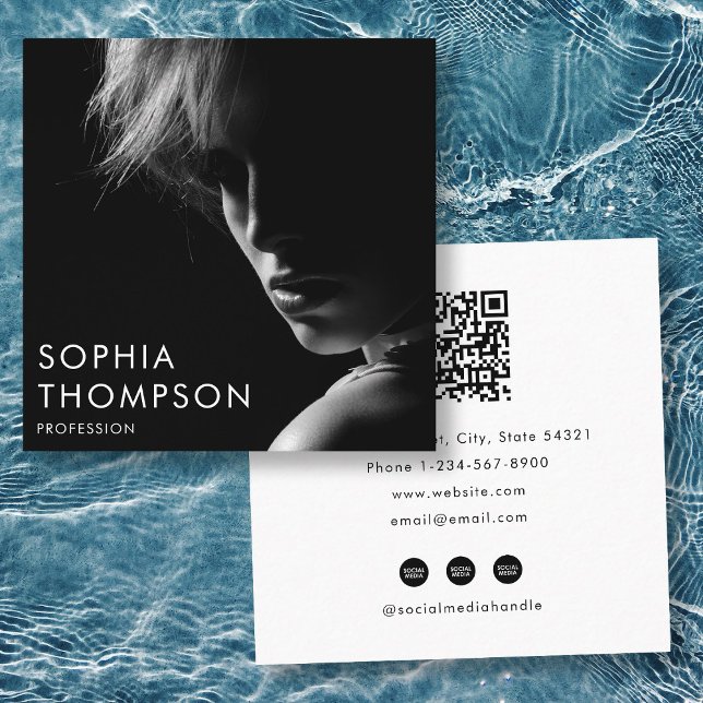 Unique Black White Professional Photo QR Code Square Business Card (Unique Black White Professional Photo QR Code Square Business Card)