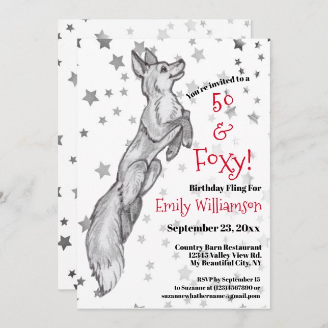 Unique Black White Red Fox Star Foxy 50th Birthday Invitation (Front/Back)