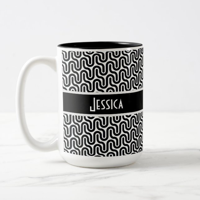 Unique Black & White Retro Pattern Personalised Two-Tone Coffee Mug (Left)
