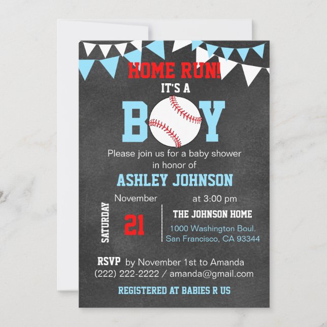 Unique Blue Boy Baseball Baby Shower Invitations (Front)
