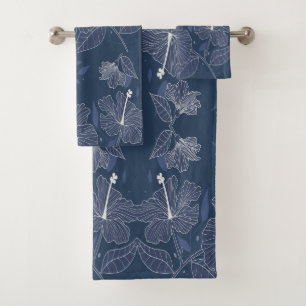 Unique Blue Floral Pattern Hibiscus Flowers   Bath Towel Set