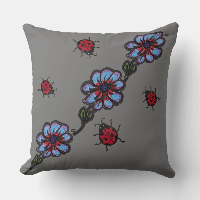 Unique Blue flowers and lady bugs Cushion (Front)