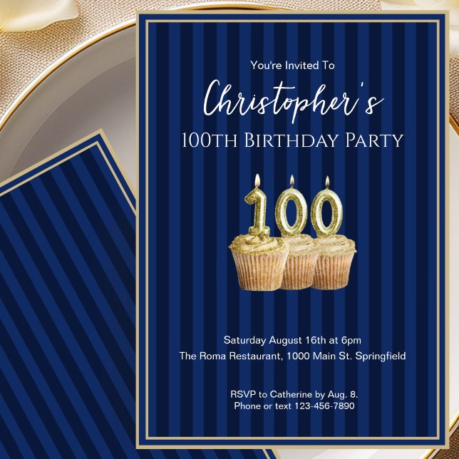 Unique Blue Gold 100th Birthday Invitation For Him (Creator Uploaded)
