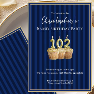 Unique Blue Gold 102nd Birthday Invitation For Him