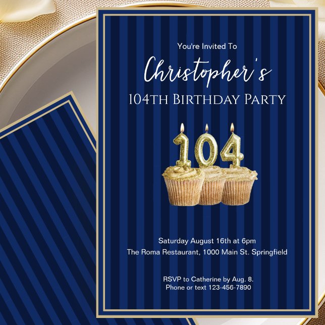 Unique Blue Gold 104th Birthday Invitation For Him (Creator Uploaded)