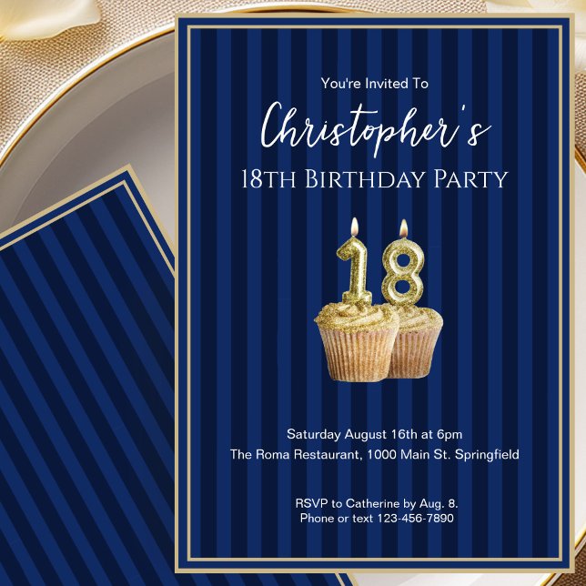 Unique Blue Gold 18th Birthday Invitation For Him (Creator Uploaded)