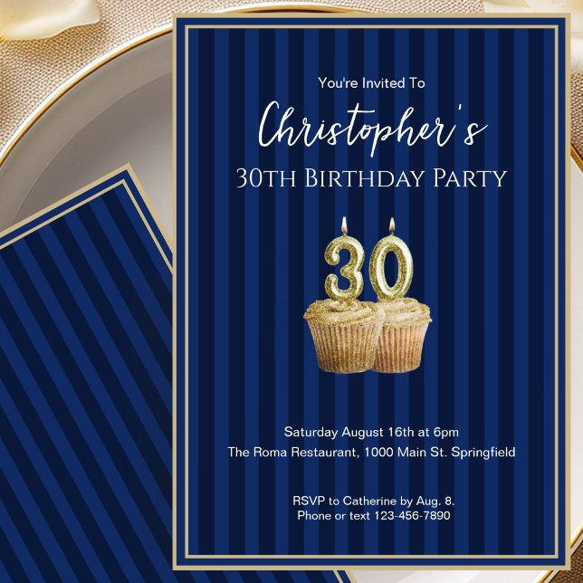 Unique Blue Gold 30th Birthday Invitation For Him (Creator Uploaded)