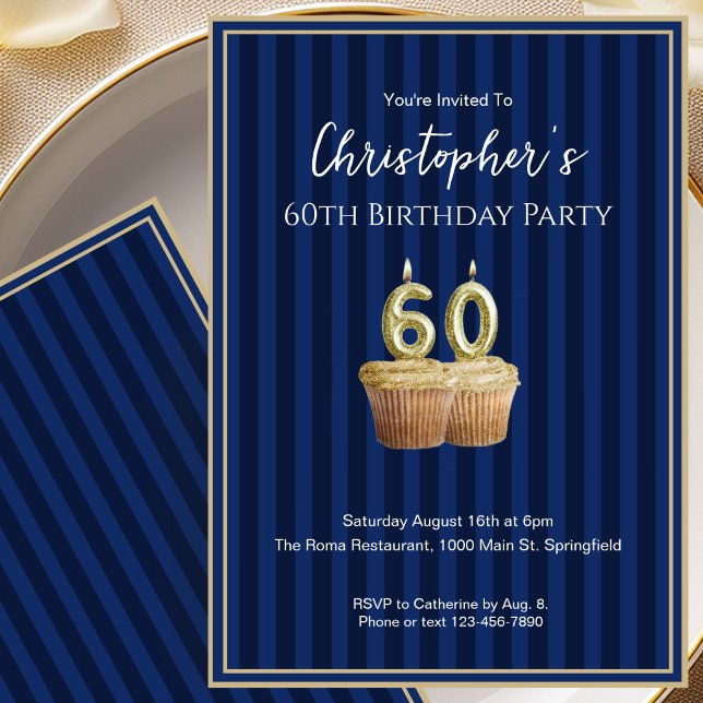 Unique Blue Gold 60th Birthday Invitation For Him (Creator Uploaded)