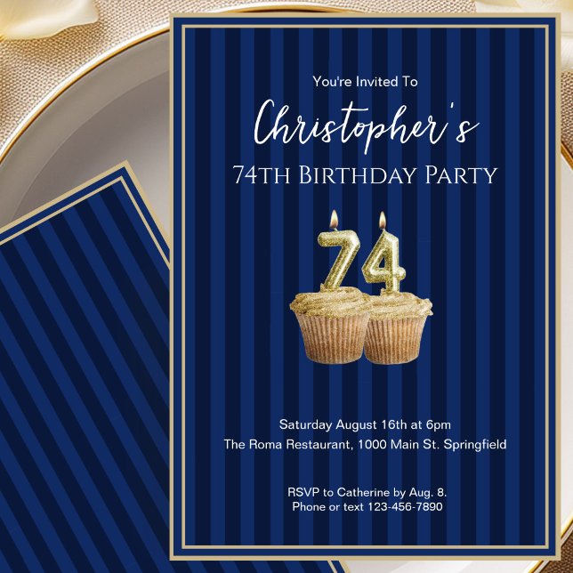 Unique Blue Gold 74th Birthday Invitation For Him (Creator Uploaded)