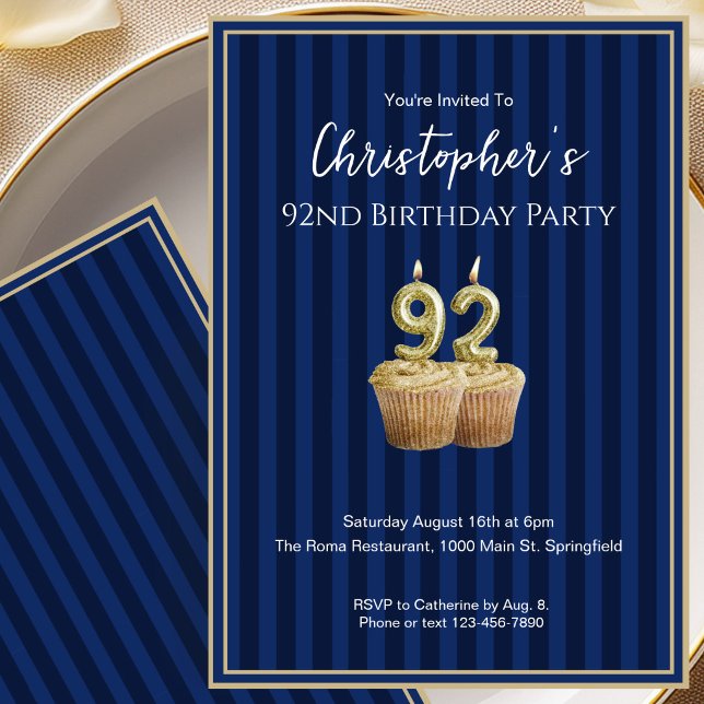 Unique Blue Gold 92nd Birthday Invitation For Him (Creator Uploaded)