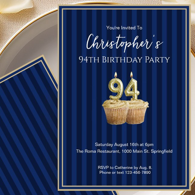 Unique Blue Gold 94th Birthday Invitation For Him (Creator Uploaded)