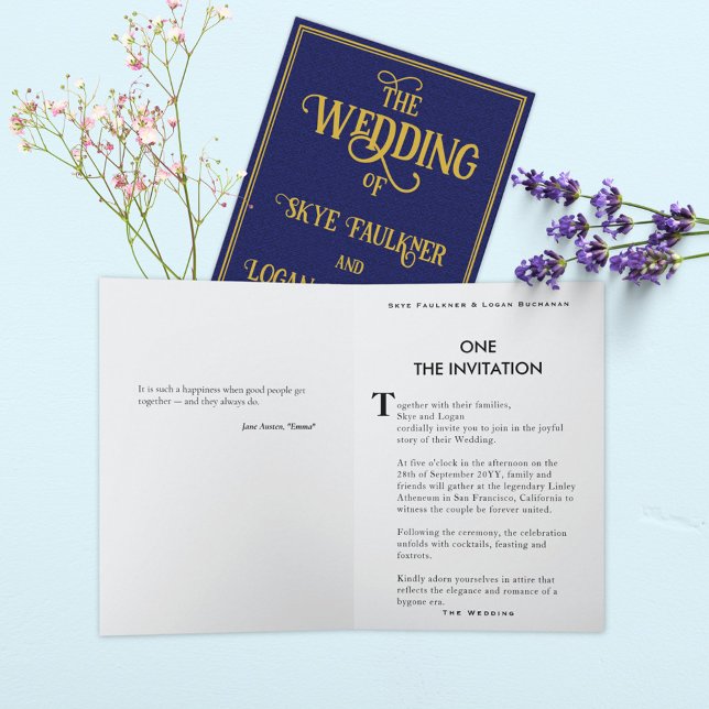 Unique Blue Gold Book Folded Wedding Invitation  (Folded book invitation with blue cover.)