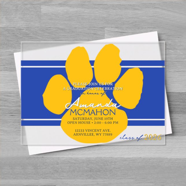 Unique Blue & Gold Graduation Pawprint Elegant Acrylic Invitations (Blue and Gold Frosted Acrylic Pawprint Graduation Invitation)