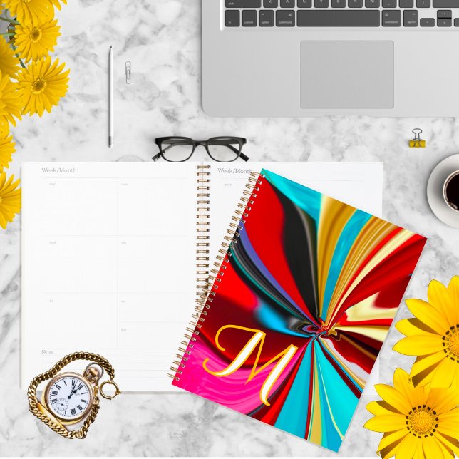 Unique Blue Red Gold Monogram Liquified Abstract  Planner (Creator Uploaded)