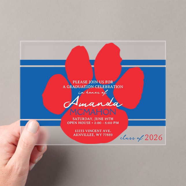 Unique Blue & Red Graduation Pawprint Elegant Acrylic Invitations (Insitu (Handheld))
