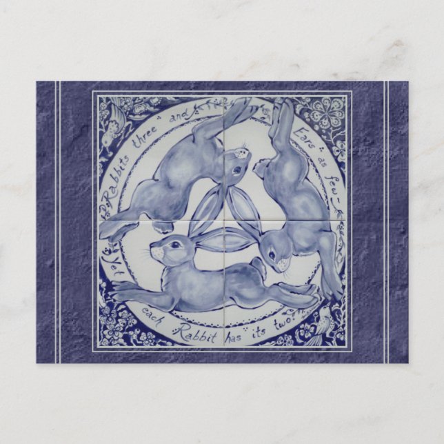 Unique Blue Three Rabbits Hares Tile Mural Design Postcard (Front)