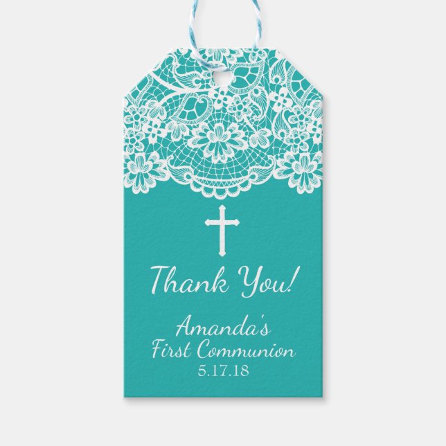Unique Blue Vintage Lace First Communion Gift Tag (Front)