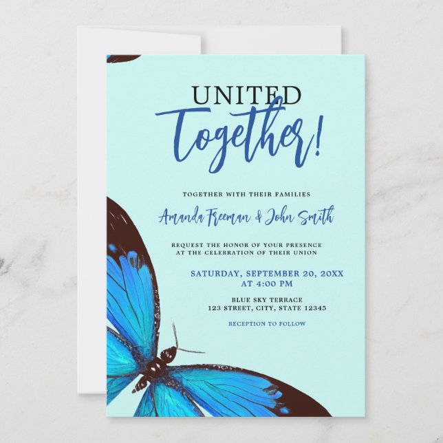 Unique Blue Watercolor Butterfly Wedding Invitation (Front)