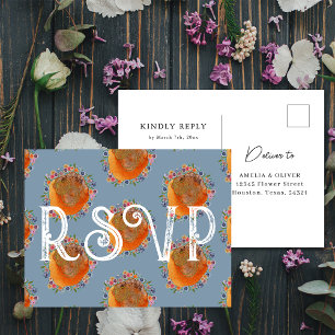 Unique Blue Watercolor Wildflower Wedding RSVP Postcard