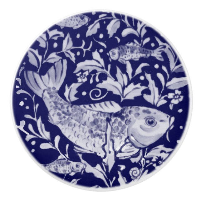 Unique Blue & White Koi Fish Stylised Pond Plant Ceramic Knob (Front)
