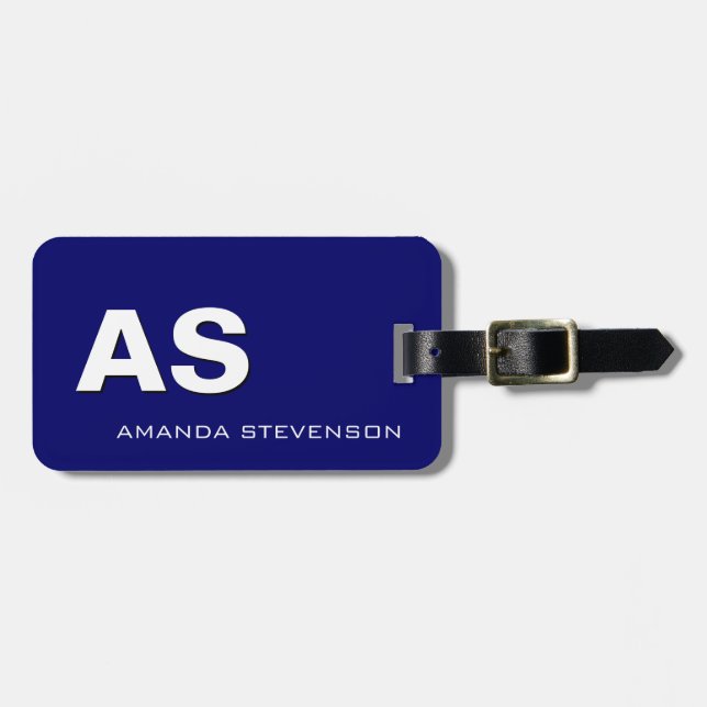 Unique Blue White Script Monogram Luggage Tag (Front Horizontal)