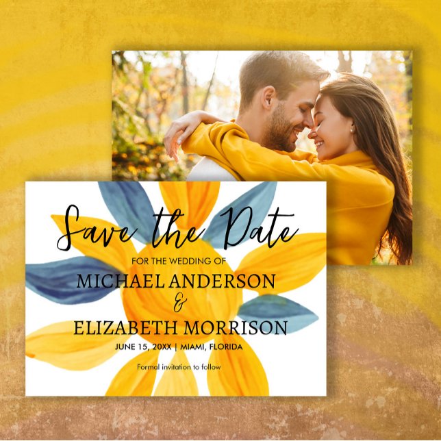 Unique Blue Yellow Wedding Photo Save Date  Save The Date (Yellow and blue watercolor wedding photo Save the Date)