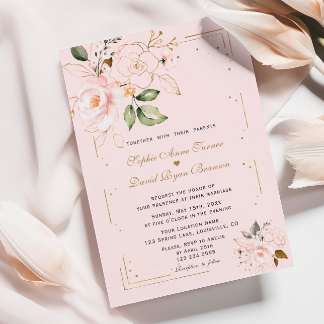 Unique Blush Pink Gold Flowers Monogram Wedding Invitation (Creator Uploaded)