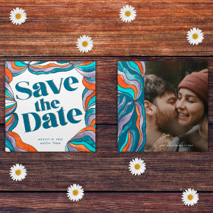 Unique Bold Boho Groovy Retro Blue Wavy Photo Save The Date
