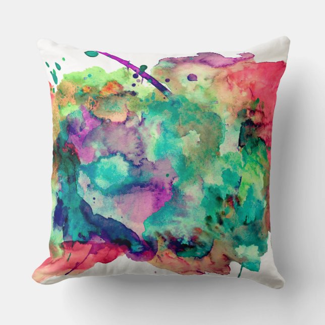 Unique, Bold, Colourful Watercolor Paint Splatters Cushion (Front)