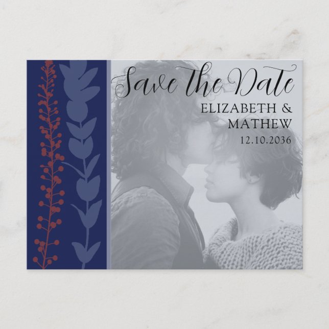 Unique Botanical Blue Save the Date Announcement Postcard (Front)