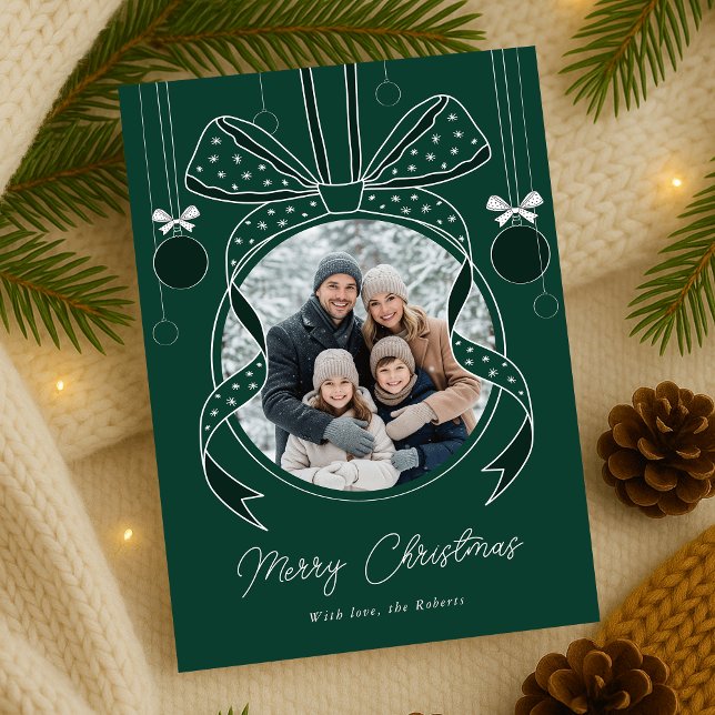 Unique Bow Christmas Ornament Ball Ball One Photo Holiday Card (elegant whimsical bows Christmas ornament photo holiday cards in green and white)