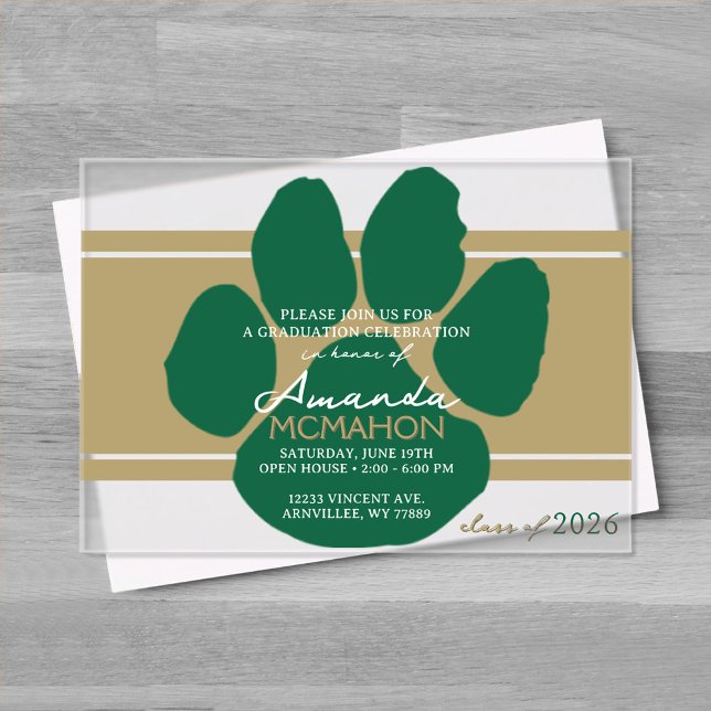 Unique Bronze Gold & Green Graduation Pawprint Acrylic Invitations (Green and Bronze Gold Frosted Acrylic Pawprint Graduation Invitation)