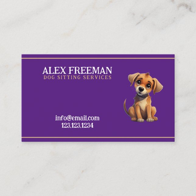 Unique Brown and Purple Puppy Dog Sitting Business Card (Front)