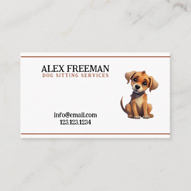 Unique Brown and White Puppy Dog Sitting Business Card (Front)