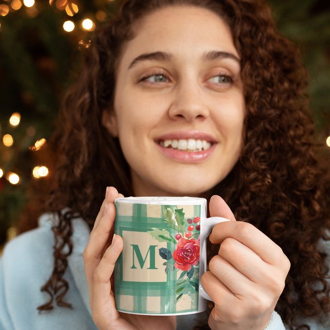 Unique buffalo plaid pattern xmas green monogram coffee mug (Creator Uploaded)