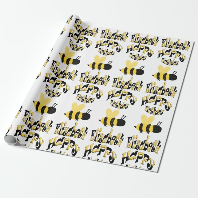Unique Bumblebee Doodle Personalised Drawing B-Day Wrapping Paper (Unrolled)