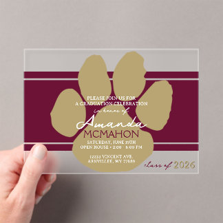 Unique Burgundy & Bronze Gold Graduation Pawprint Acrylic Invitations