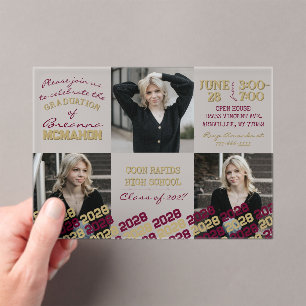 Unique Burgundy & Gold Graduation 3 Photo Frosted Acrylic Invitations