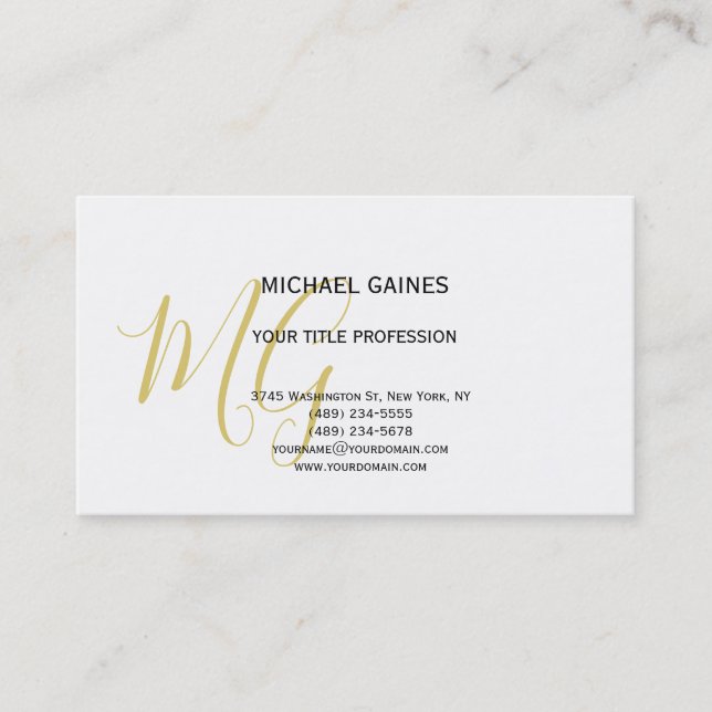 Unique Calligraphy Gold Colour Monogram White Business Card (Front)