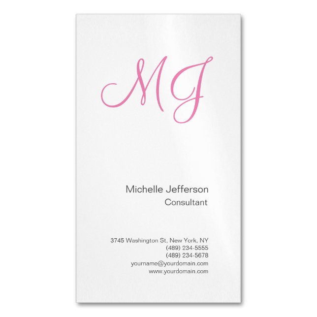 Unique Calligraphy Monogram White Pink Initials  Magnetic Business Card (Front Vertical)