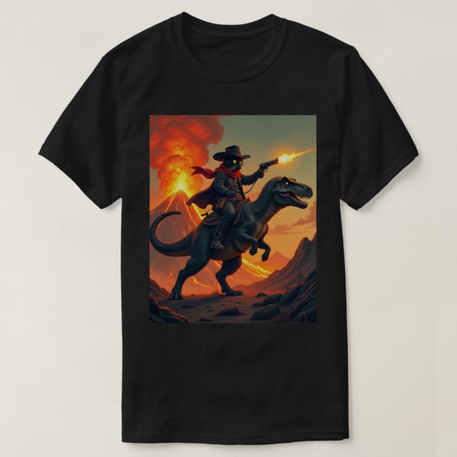 Unique Cat Cowboy Riding Dinosaur | Cat Cowboy T-Shirt (Design Front)