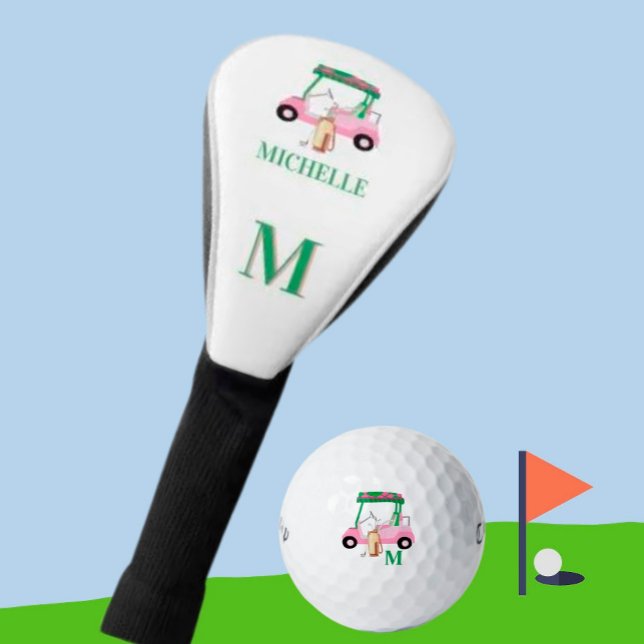 Unique Charming Pink Green Golf Cart Monogram     Golf Head Cover (Creator Uploaded)