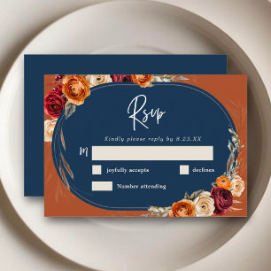 Unique chic autumn orange navy floral wedding  RSVP card
