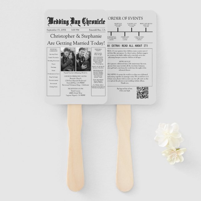 Unique Chic QR Code Grey Newspaper Wedding Program Hand Fan (Front and Back)