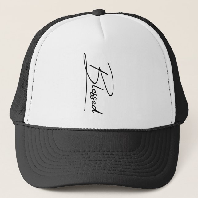 Unique Christian Faith 'Blessed' Vertical Design Trucker Hat (Front)